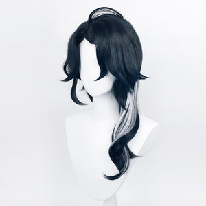 Genshin Impact Pantalone cosplay wig centers long black wavy hair with distinctive white highlights along the lower layers.