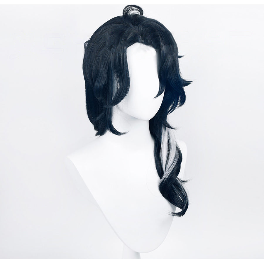 Genshin Impact Pantalone cosplay wig layers long black wavy hair with soft white highlights that frame the face gracefully.