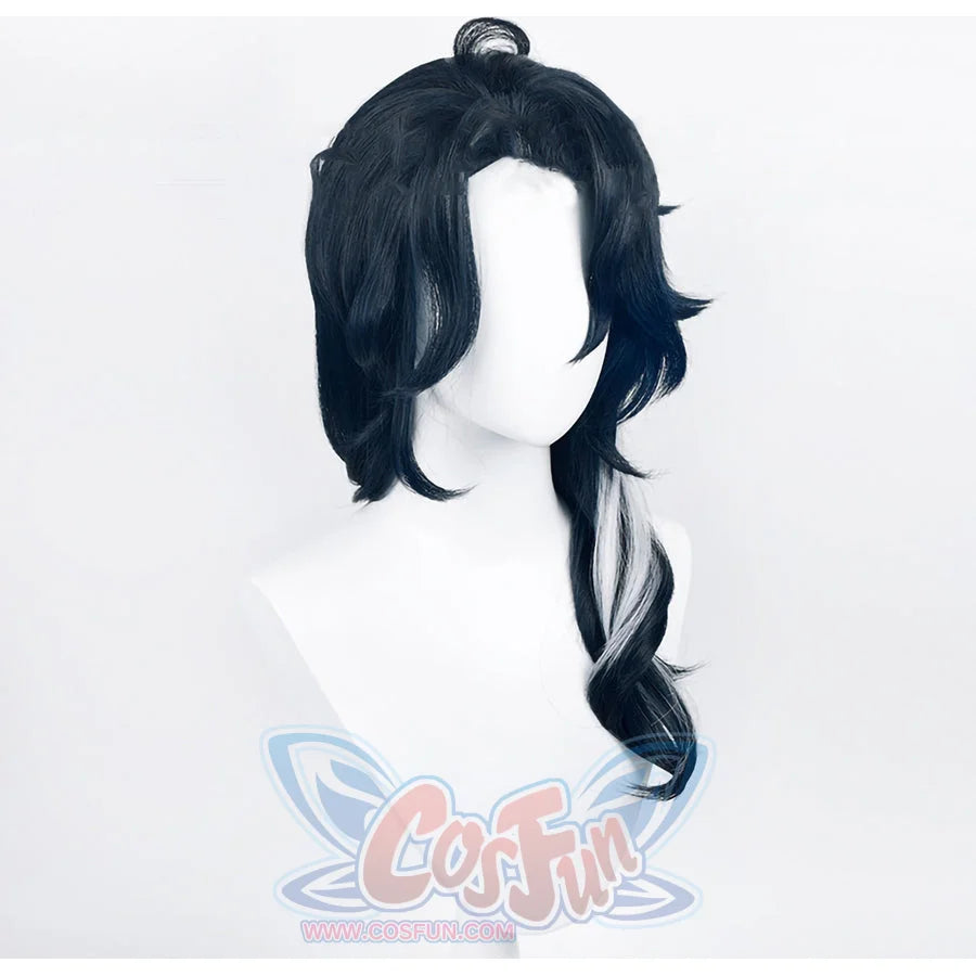 Genshin Impact Pantalone cosplay wig layers long black wavy hair with soft white highlights that frame the face gracefully.