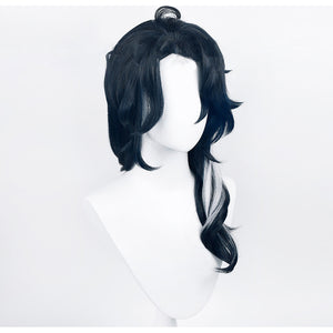 Genshin Impact Pantalone cosplay wig layers long black wavy hair with soft white highlights that frame the face gracefully.
