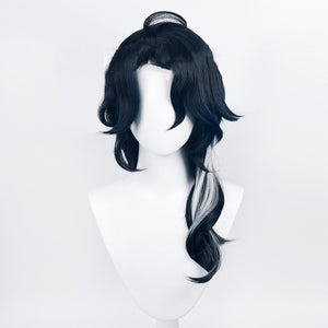 COSFUN Genshin Impact Pantalone cosplay wig gathers black wavy hair with distinctive white highlights into a long side style.