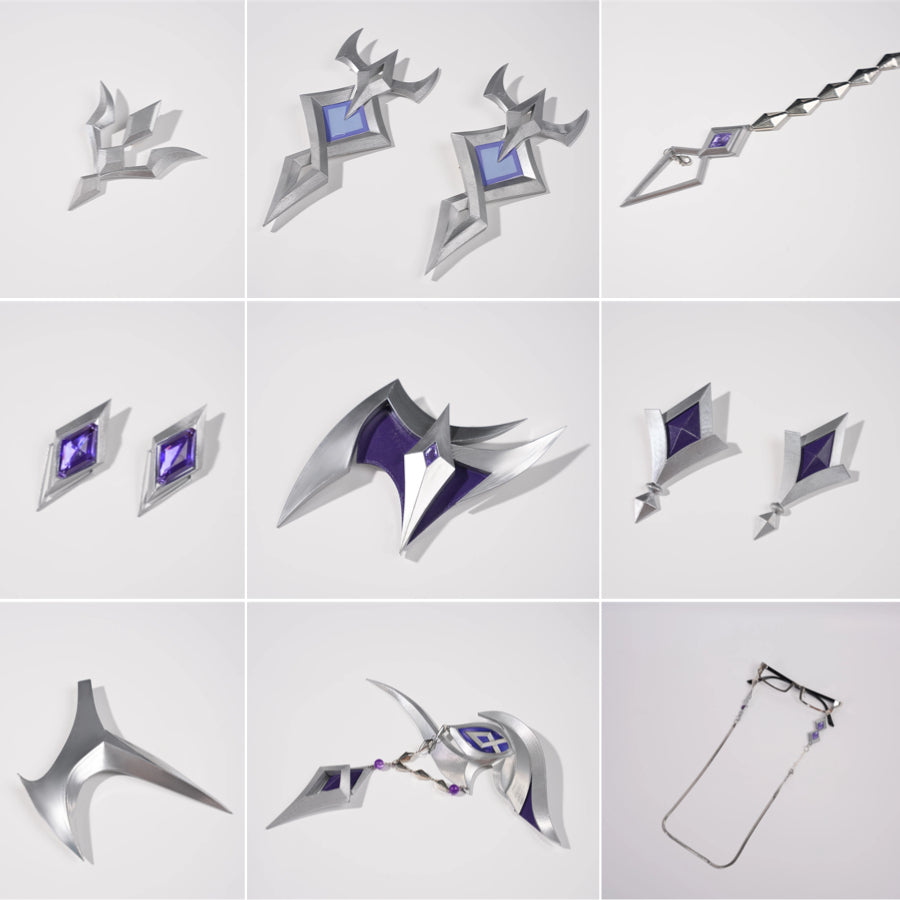 Genshin Impact Pantalone cosplay costume accessories layout gathers ornaments beside chains and glasses.