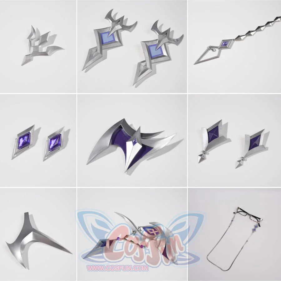 Genshin Impact Pantalone cosplay costume accessories layout gathers ornaments beside chains and glasses.