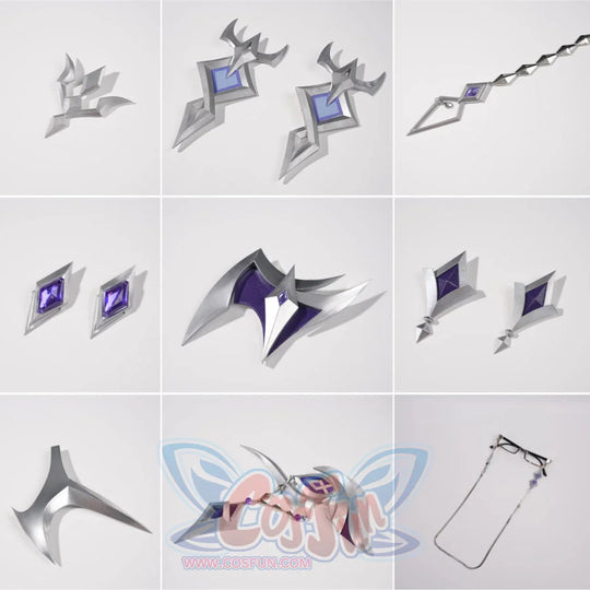 Genshin Impact Pantalone cosplay costume accessories layout gathers ornaments beside chains and glasses.