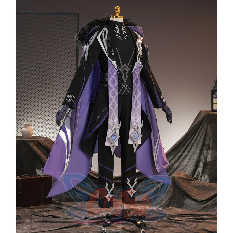 COSFUN Genshin Impact Pantalone cosplay costume sets a black coat between purple cape panels below a fur collar.