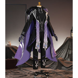 Genshin Impact Pantalone cosplay costume angled view frames purple cape panels around black coat tailoring.