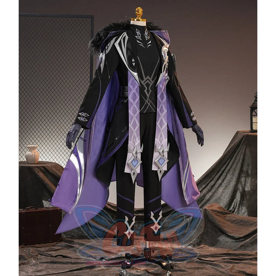 Genshin Impact Pantalone cosplay costume angled view frames purple cape panels around black coat tailoring.