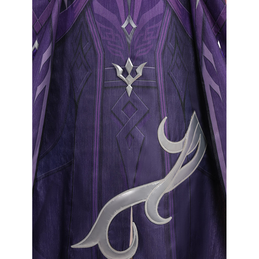 Genshin Impact Pantalone cosplay costume back cape centers a silver-tone crest across purple fabric.