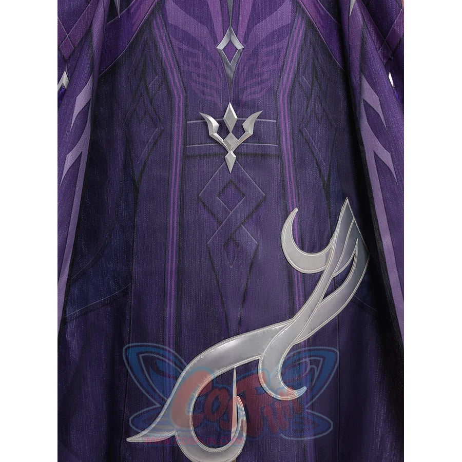 Genshin Impact Pantalone cosplay costume back cape centers a silver-tone crest across purple fabric.
