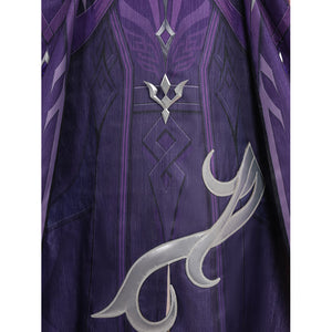 Genshin Impact Pantalone cosplay costume back cape centers a silver-tone crest across purple fabric.