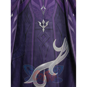 Genshin Impact Pantalone cosplay costume back cape centers a silver-tone crest across purple fabric.