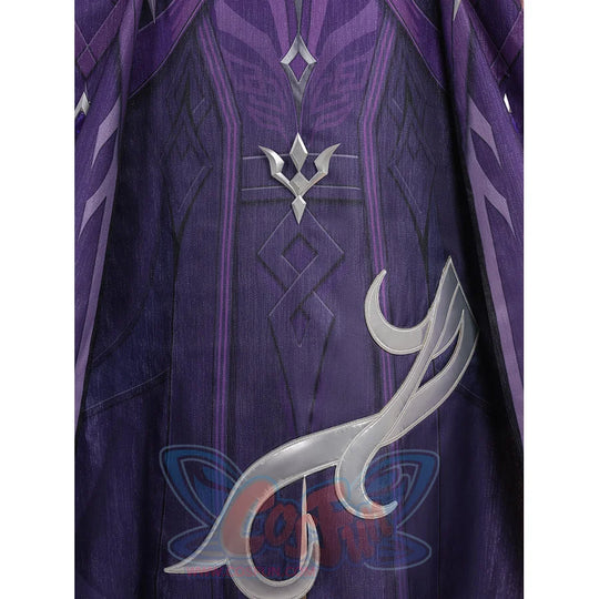 Genshin Impact Pantalone cosplay costume back cape centers a silver-tone crest across purple fabric.
