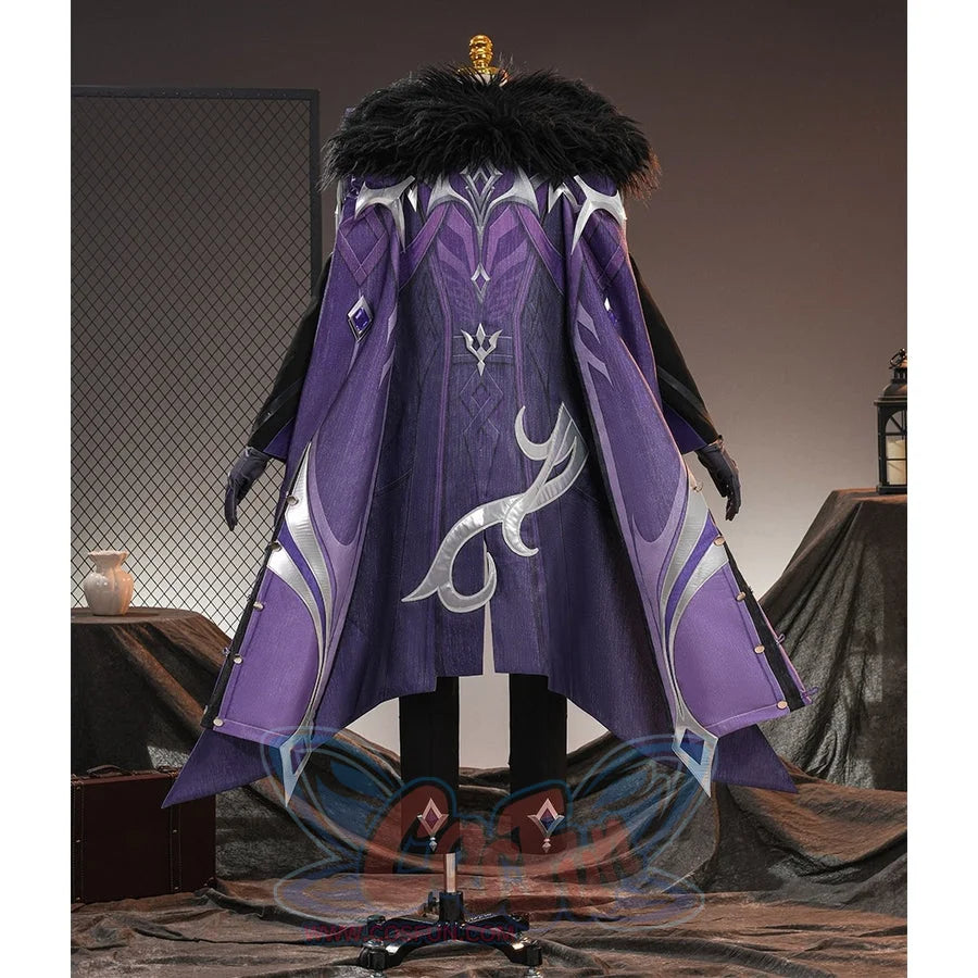 Genshin Impact Pantalone cosplay costume back view centers purple cape layers beneath a black fur collar.