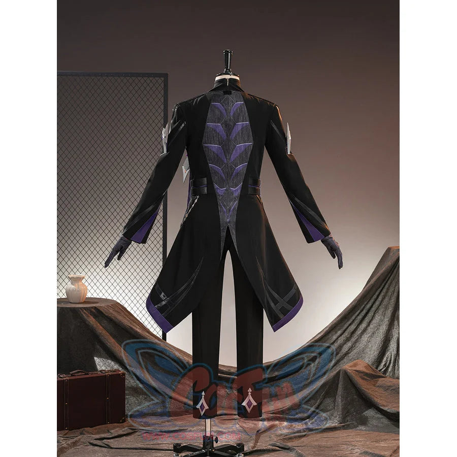 Genshin Impact Pantalone cosplay costume back view traces black coat tailoring and purple spine motifs.
