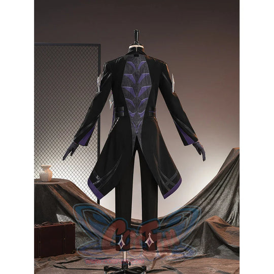 Genshin Impact Pantalone cosplay costume back view traces black coat tailoring and purple spine motifs.