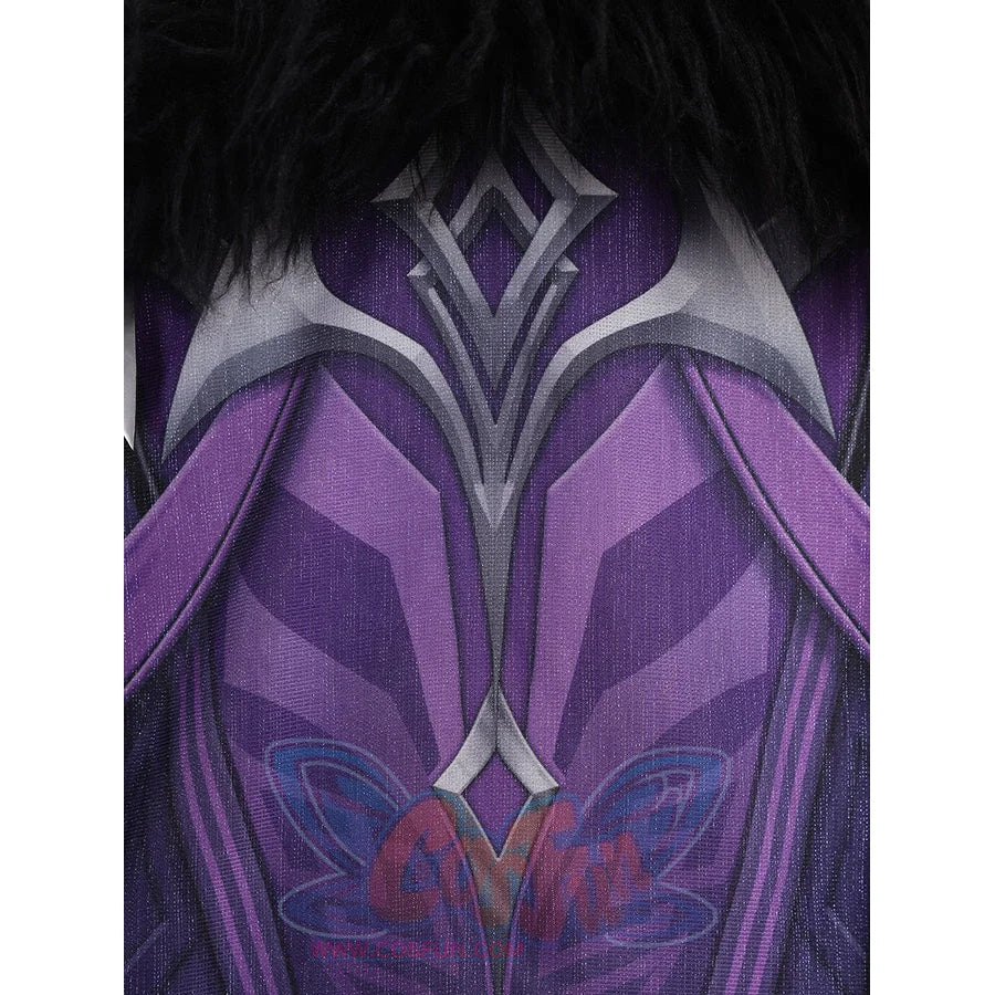 Genshin Impact Pantalone cosplay costume back embroidery traces layered purple motifs beneath black faux fur.