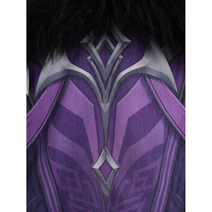 Genshin Impact Pantalone cosplay costume back embroidery traces layered purple motifs beneath black faux fur.