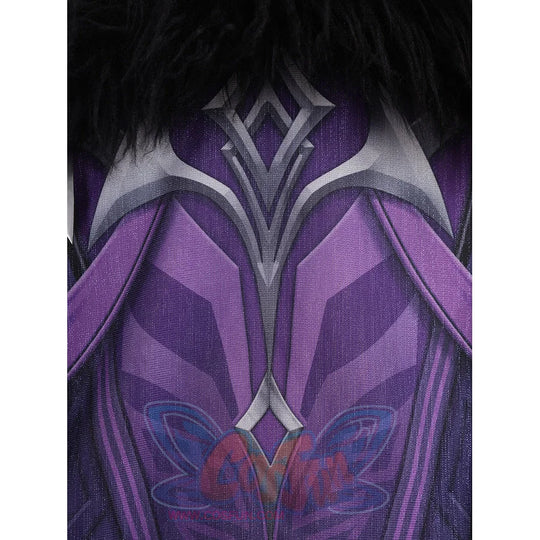 Genshin Impact Pantalone cosplay costume back embroidery traces layered purple motifs beneath black faux fur.