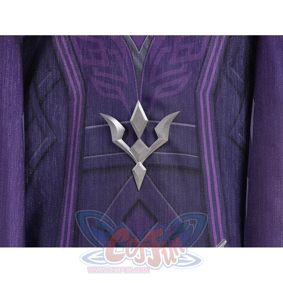 Genshin Impact Pantalone cosplay costume back ornament centers a silver-tone crest over purple cape panels.