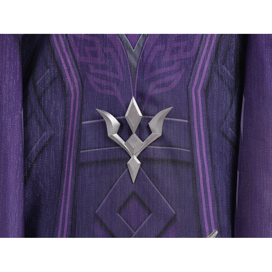 Genshin Impact Pantalone cosplay costume back ornament centers a silver-tone crest over purple cape panels.