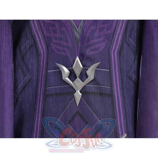 Genshin Impact Pantalone cosplay costume back ornament centers a silver-tone crest over purple cape panels.