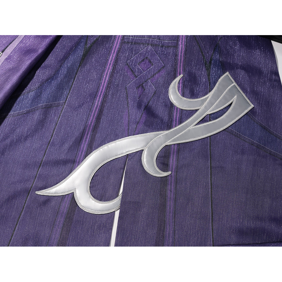 Genshin Impact Pantalone cosplay costume cape applique curves in silver-tone shapes across violet panels.