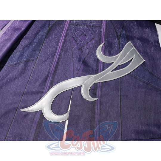 Genshin Impact Pantalone cosplay costume cape applique curves in silver-tone shapes across violet panels.