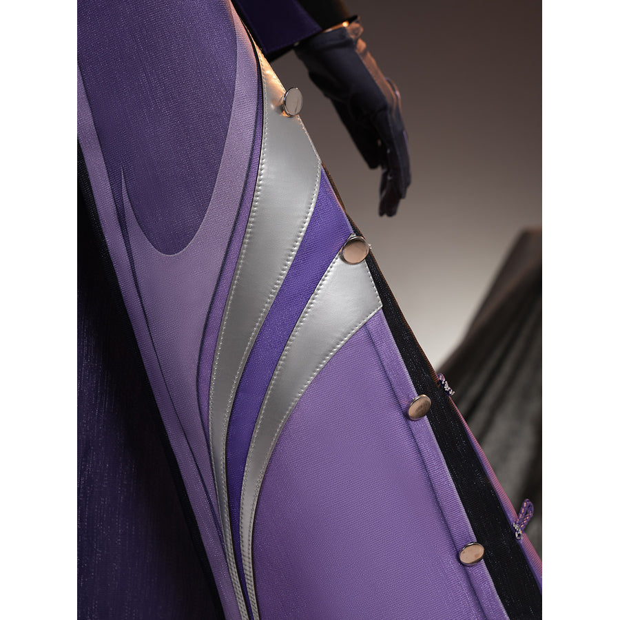 Genshin Impact Pantalone cosplay costume cape edge sets silver-tone curves beside round side buttons.