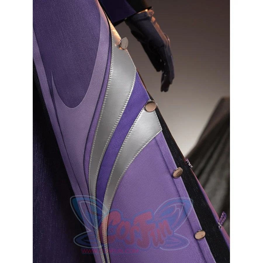 Genshin Impact Pantalone cosplay costume cape edge sets silver-tone curves beside round side buttons.