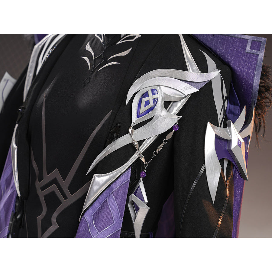 Genshin Impact Pantalone cosplay costume chest ornament arcs over black fabric beside purple bead drops.
