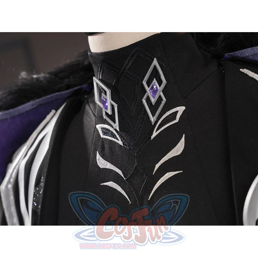 Genshin Impact Pantalone cosplay costume collar detail centers black fabric embroidery and purple diamond pins.