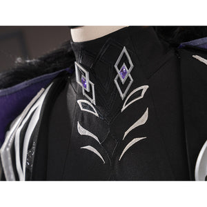 Genshin Impact Pantalone cosplay costume collar detail centers black fabric embroidery and purple diamond pins.
