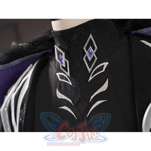 Genshin Impact Pantalone cosplay costume collar detail centers black fabric embroidery and purple diamond pins.