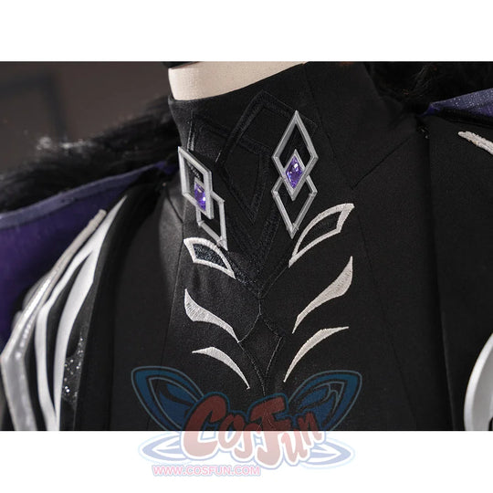 Genshin Impact Pantalone cosplay costume collar detail centers black fabric embroidery and purple diamond pins.