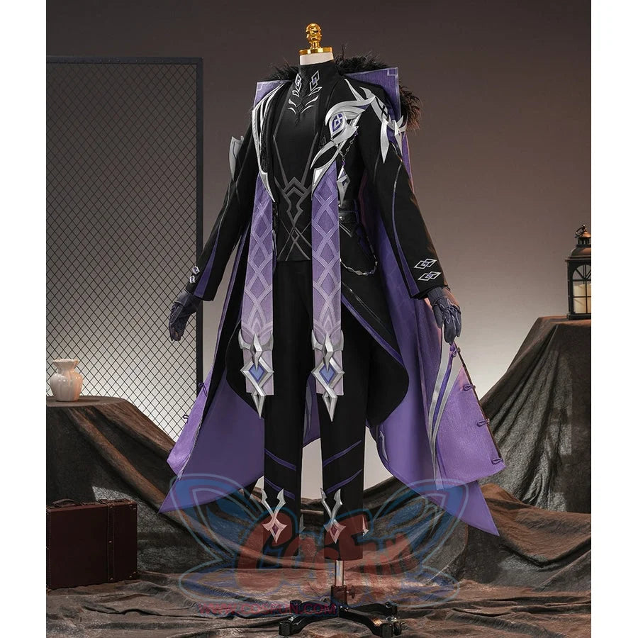 Genshin Impact Pantalone cosplay costume front view anchors long purple drapes over black pants.