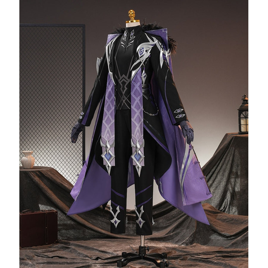 Genshin Impact Pantalone cosplay costume front view anchors long purple drapes over black pants.