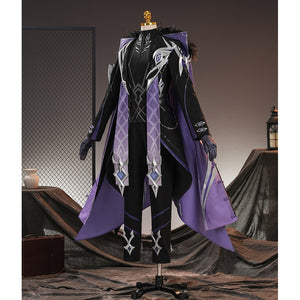 Genshin Impact Pantalone cosplay costume front view anchors long purple drapes over black pants.