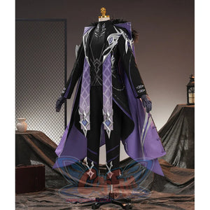 Genshin Impact Pantalone cosplay costume front view anchors long purple drapes over black pants.