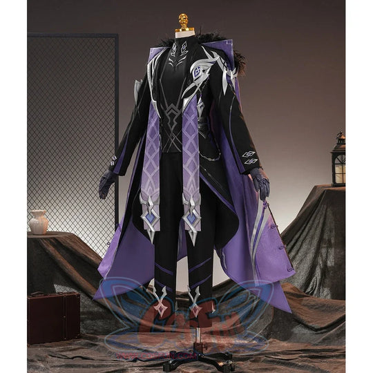Genshin Impact Pantalone cosplay costume front view anchors long purple drapes over black pants.