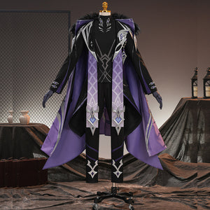 COSFUN Genshin Impact Pantalone cosplay costume sets a black coat between purple cape panels below a fur collar.