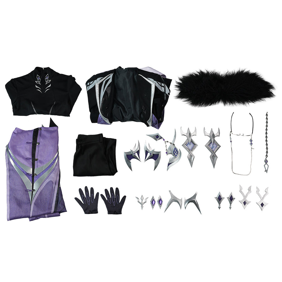 Genshin Impact Pantalone cosplay costume flat lay arranges coat pieces beside pants, gloves and ornaments.
