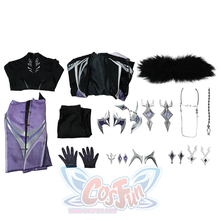 Genshin Impact Pantalone cosplay costume flat lay arranges coat pieces beside pants, gloves and ornaments.