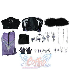 Genshin Impact Pantalone cosplay costume flat lay arranges coat pieces beside pants, gloves and ornaments.