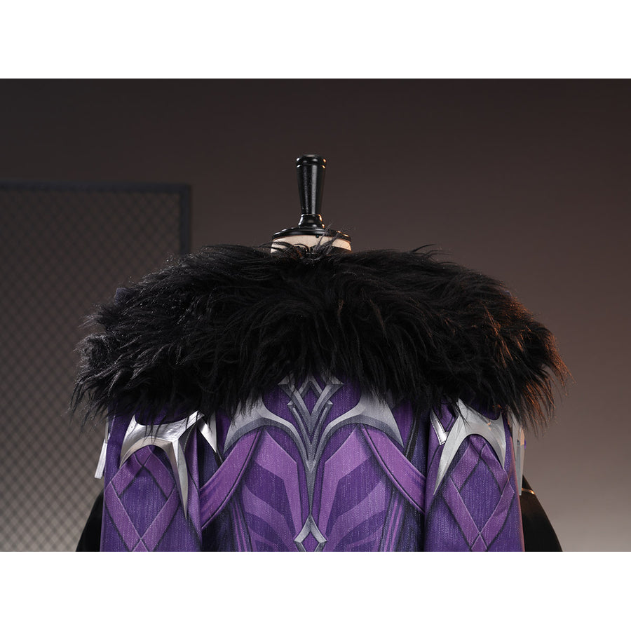 Genshin Impact Pantalone cosplay costume fur collar frames the purple back cape and silver-tone neckline trim.