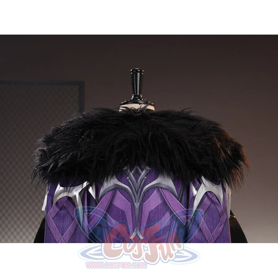 Genshin Impact Pantalone cosplay costume fur collar frames the purple back cape and silver-tone neckline trim.