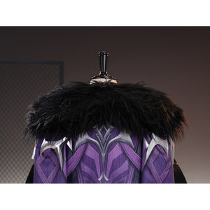Genshin Impact Pantalone cosplay costume fur collar frames the purple back cape and silver-tone neckline trim.