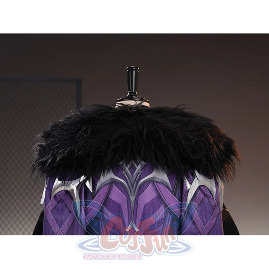 Genshin Impact Pantalone cosplay costume fur collar frames the purple back cape and silver-tone neckline trim.