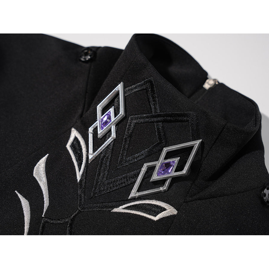 Genshin Impact Pantalone cosplay costume neckline ornaments frame embroidered black fabric and purple pins.