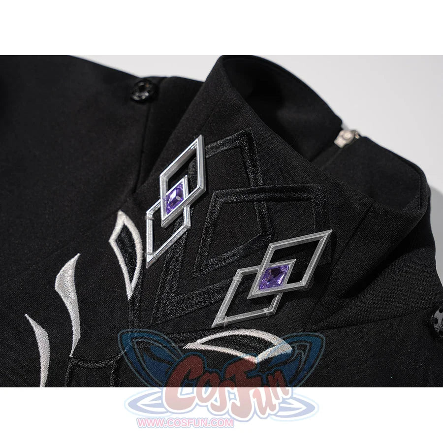 Genshin Impact Pantalone cosplay costume neckline ornaments frame embroidered black fabric and purple pins.