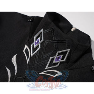 Genshin Impact Pantalone cosplay costume neckline ornaments frame embroidered black fabric and purple pins.
